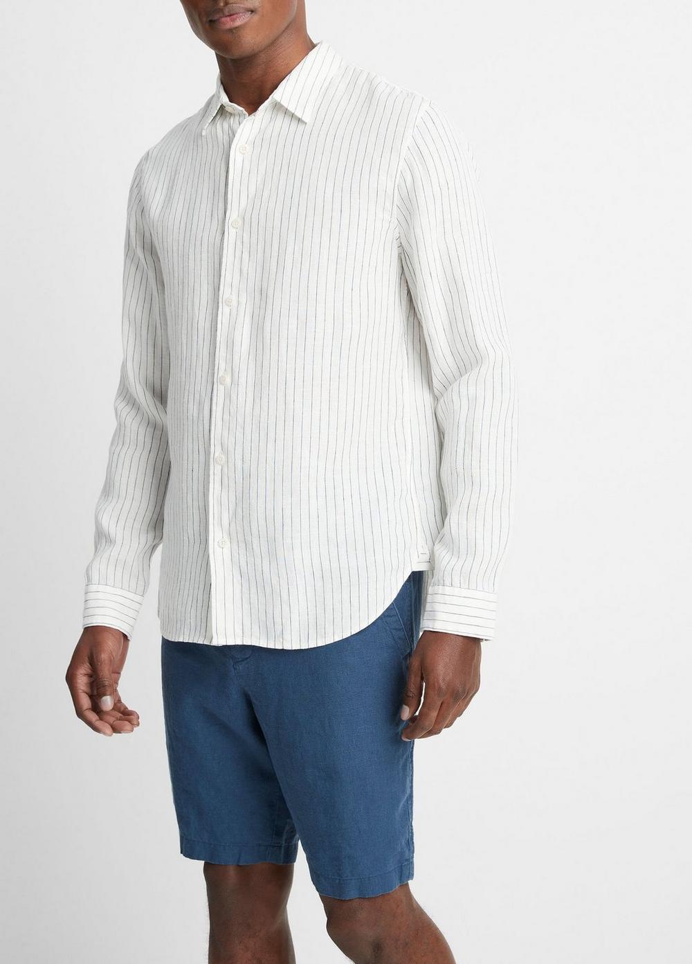 Mens Bayside Stripe Linen Long-Sleeve Shirt, Optic White/deep Indigo, Size XL Vince Product Image