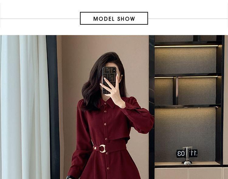 Long-Sleeve Plain Midi A-Line Shirt Dress Product Image