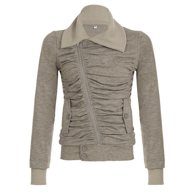 Long Sleeve Collar Plain Knit Panel Ruched Zip-Up Jacket Product Image