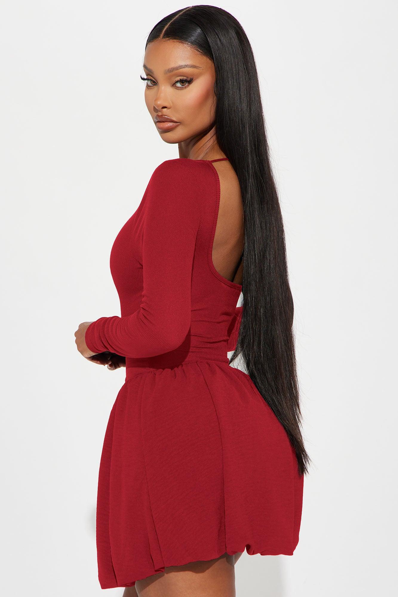 Nala Long Sleeve Bubble Mini Dress - Wine Product Image