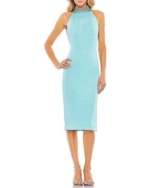 Mac Duggal Beaded Halter Neck Sleeveless Open Back Detail Sheath Dress Product Image