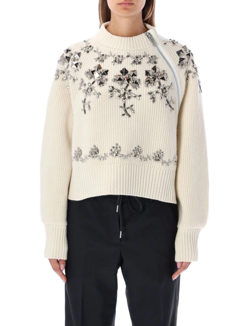 SACAI Stud And Sequin-embellished Wool-knit Jumper In Off White Product Image