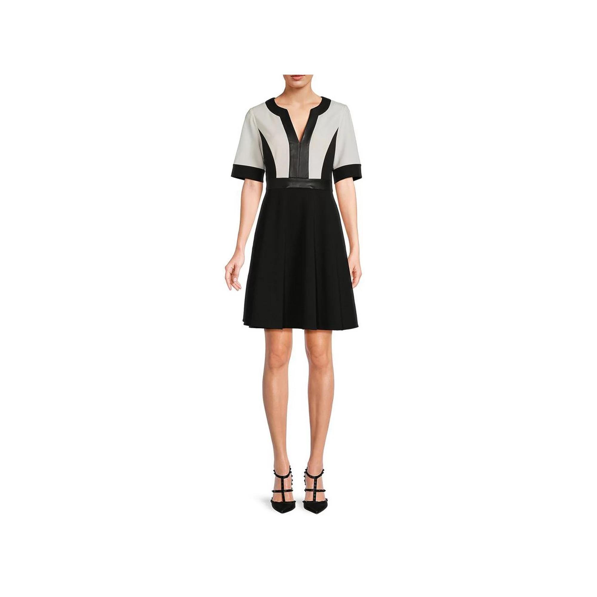 Women's Focus By Shani Colorblock Scuba Knit Fit and Flare Dress, Size: 2, Black Ivory Product Image