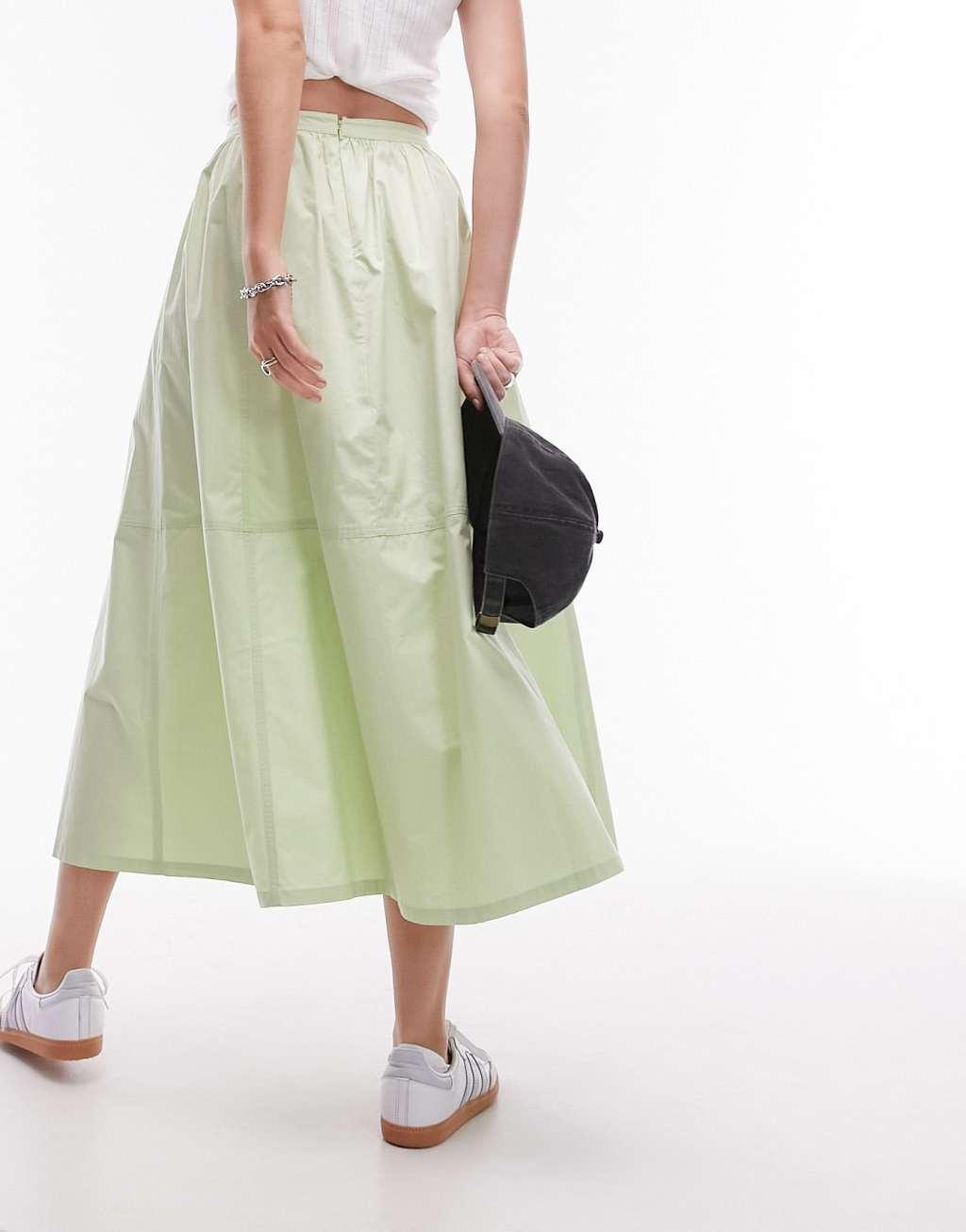 Topshop poplin midi full skirt in lime Product Image