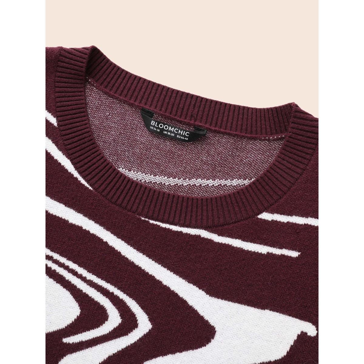 Plus Size Water Ripple Contrast Drop Shoulder Pullover DarkBrown Women Casual Loose Long Sleeve Round Neck Everyday Pullovers BloomChic 18-20/2X Product Image