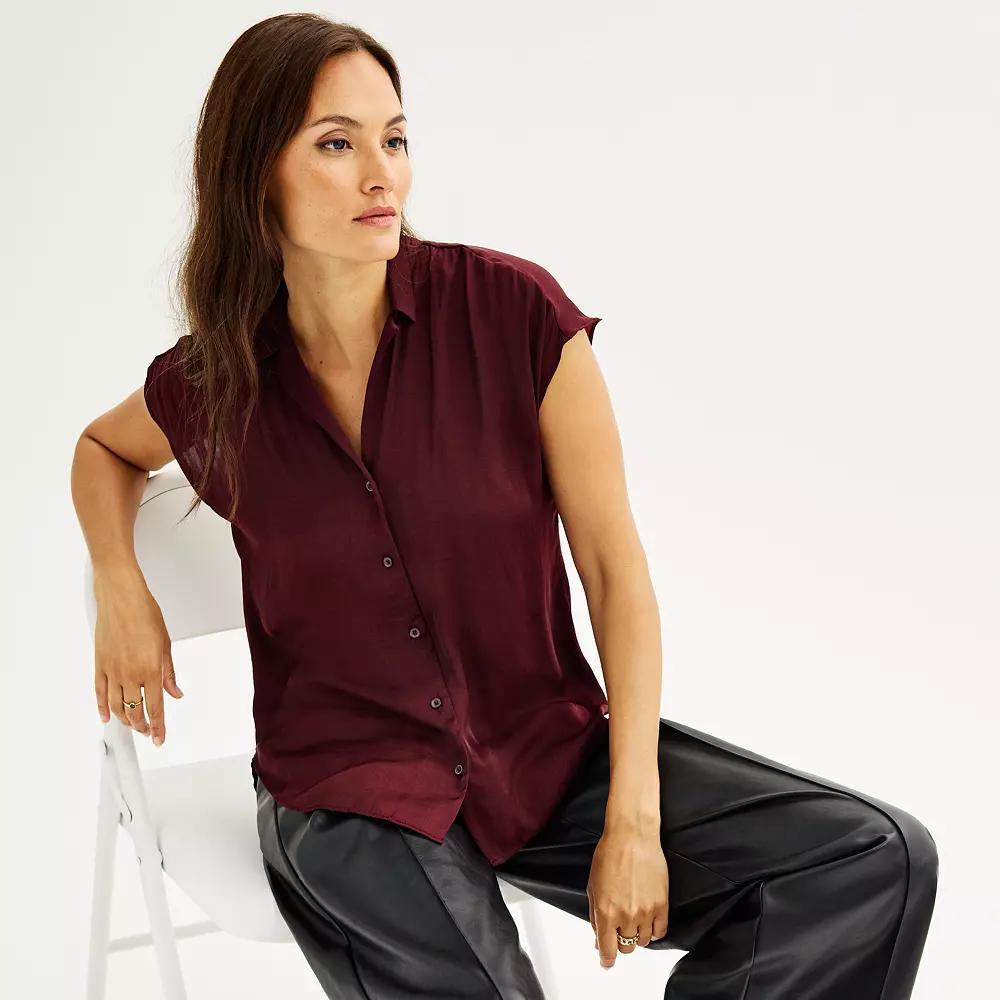 Women's Petite Nine West Short Sleeve Easy Lapel Shirt, Size: XL Petite, Maddie Purple Product Image