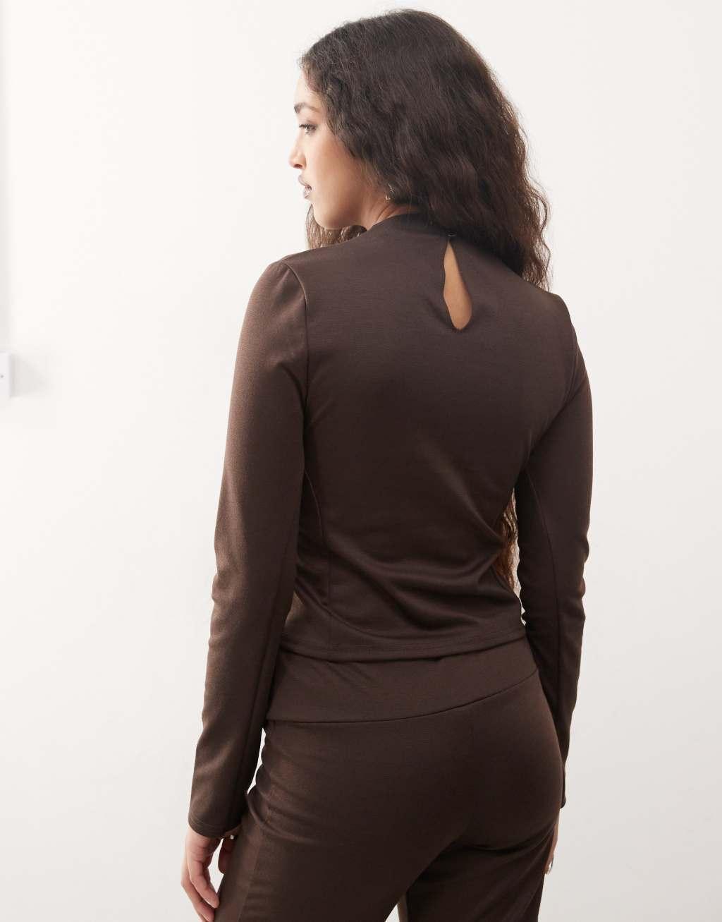 COLLUSION long sleeve high neck cut out fitted sporty top in chocolate - part of a set Product Image