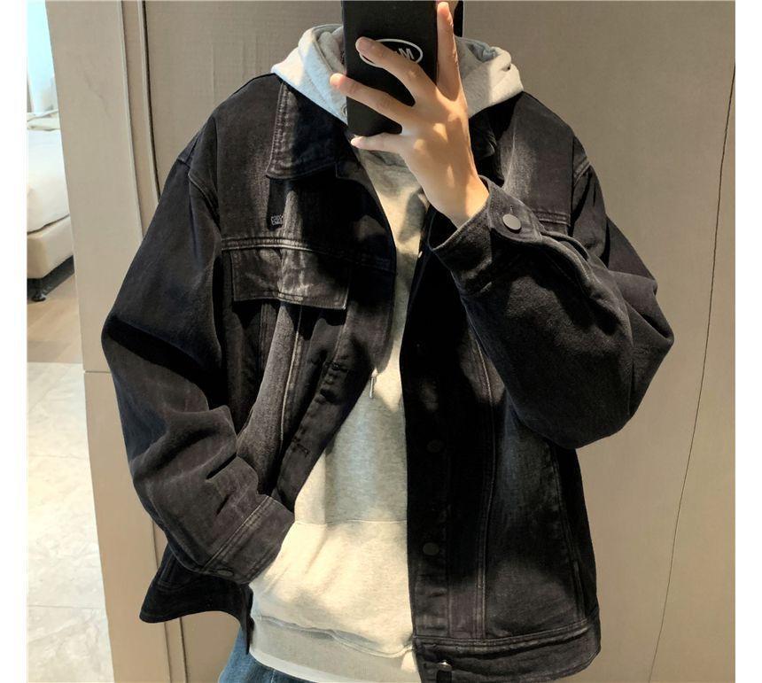 Long-Sleeve Plain Denim Jacket Product Image
