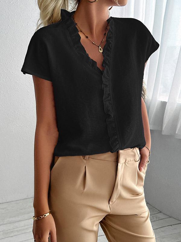 Loose Short Sleeves Ruffle Trim Solid Color V-Neck Blouses&Shirts Tops Product Image