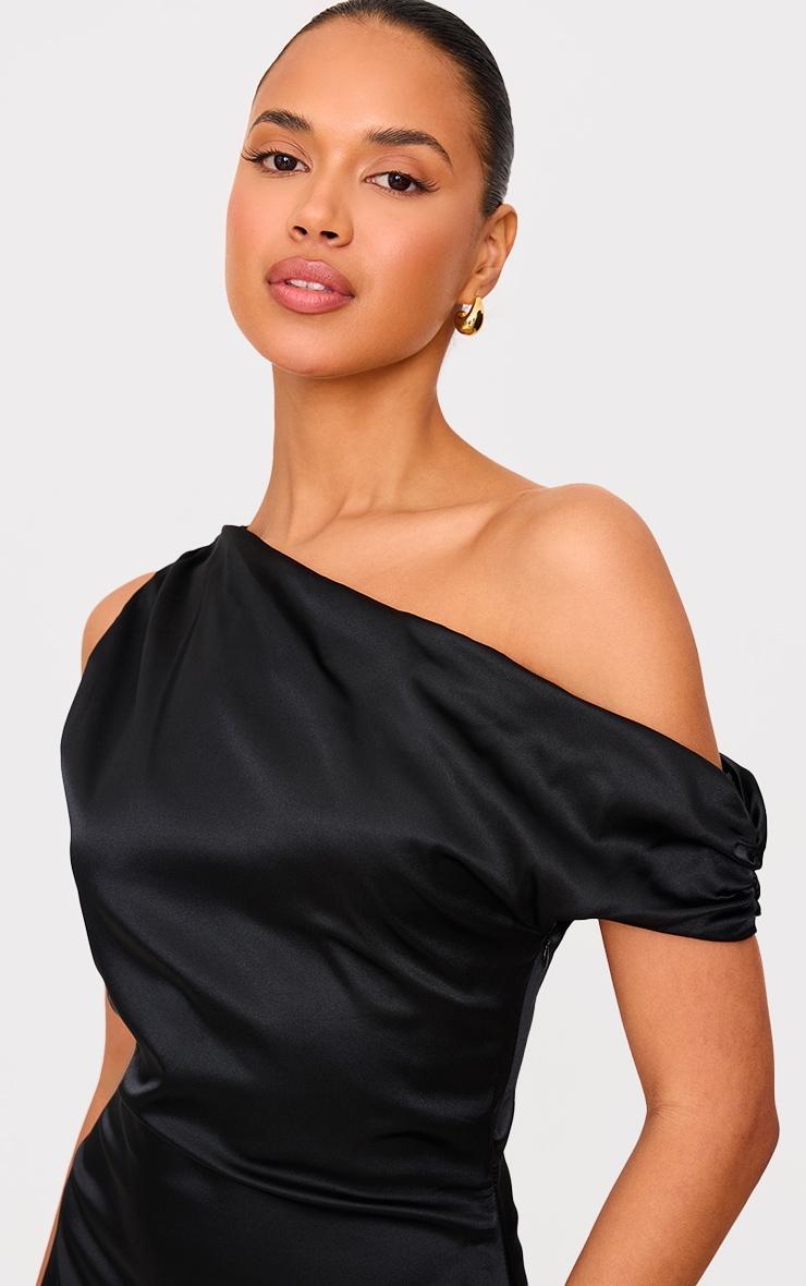 Black Satin Asymmetric Sleeveless Maxi Dress Product Image
