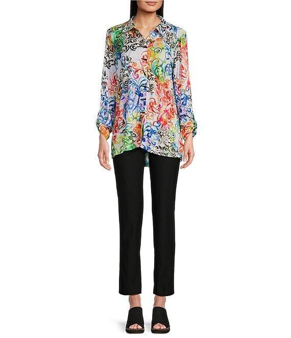 Ali Miles Abstract Print Point Collar 3/4 Roll Sleeve Button Front Tunic Product Image