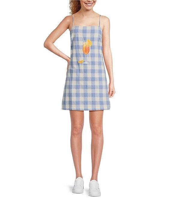 Skies Are Blue Gingham Graphic Cocktail Print Square Neckline Sleeveless Mini Dress Product Image