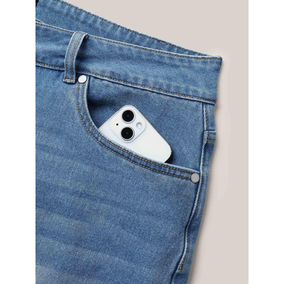 Plus Size Overlap Whiskered Wash Straight Denim Shorts Women Denimblue No stretch Everyday Slanted pocket Casual Denim Shorts BloomChic 20/2X Product Image