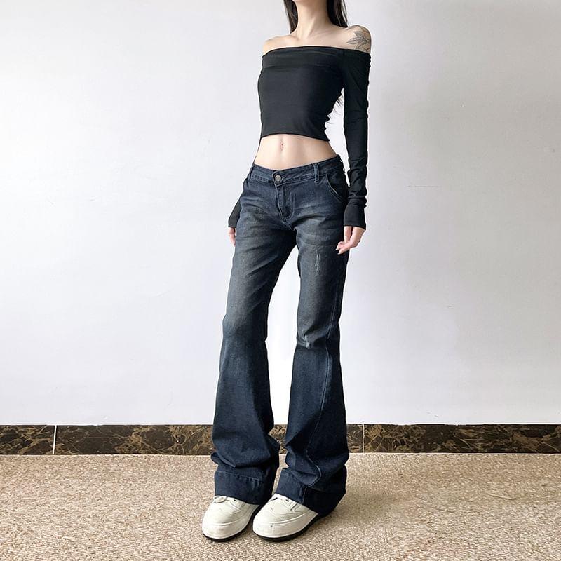 Low Waist Distressed Washed Bootcut Jeans Product Image