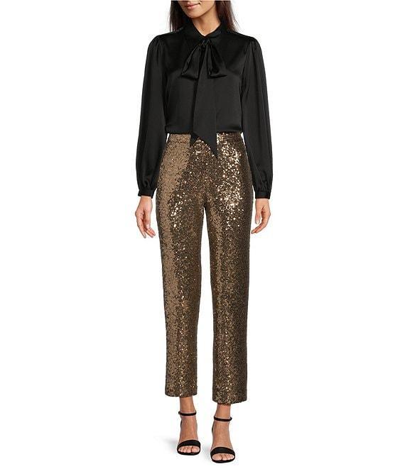 Alex Marie Sylvie Satin Point Collar Self-Tie Bow Detail Long Sleeve Button Front Blouse Product Image