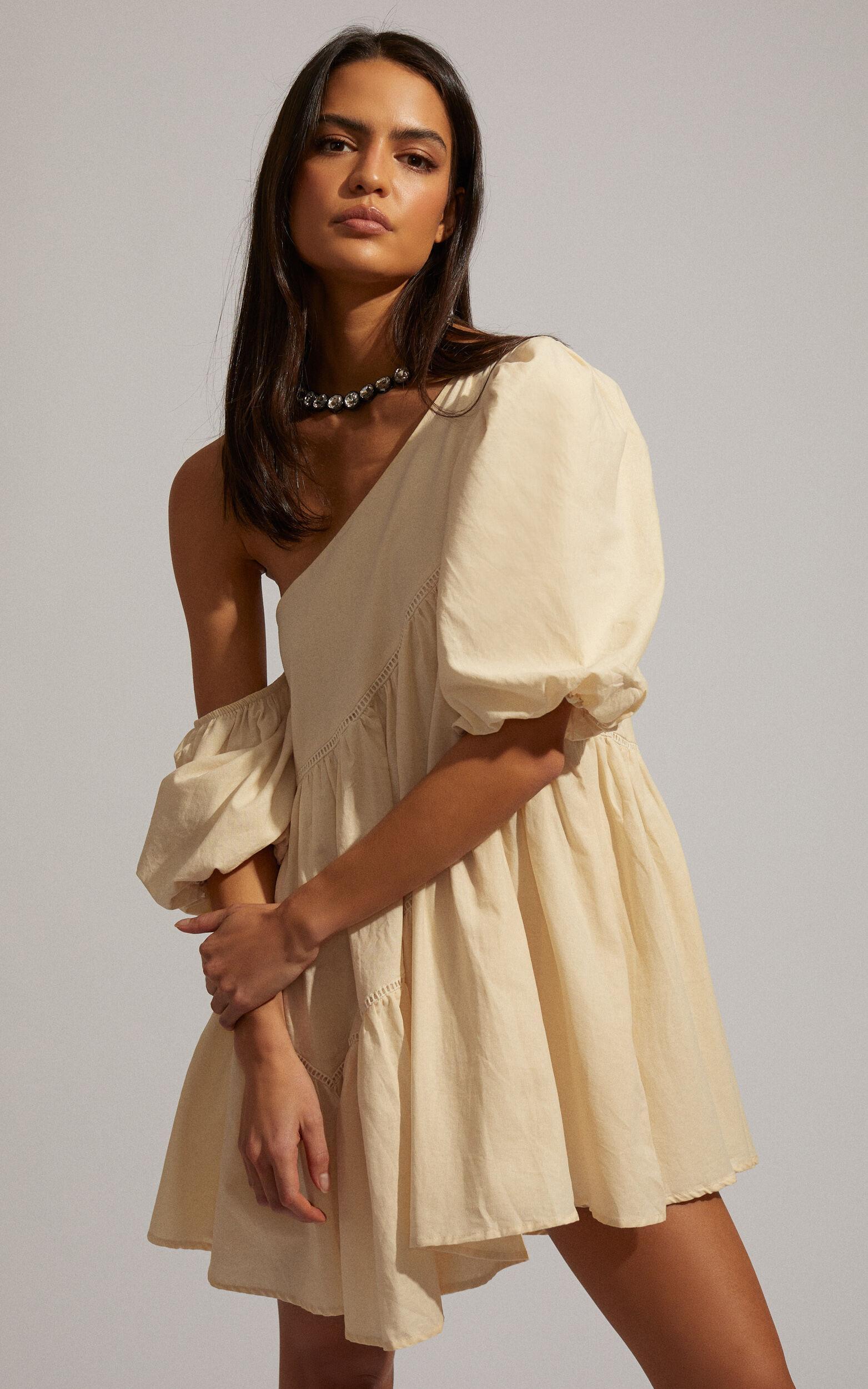Harleen Mini Dress - Linen Asymmetrical Trim Puff Sleeve Dress in Beige Product Image