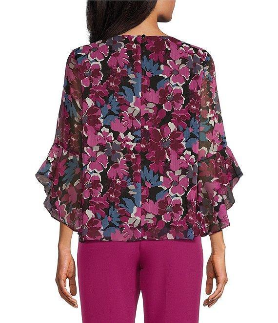 Kasper Floral Crew Neck 3/4 Ruffle Sleeve Blouse Product Image