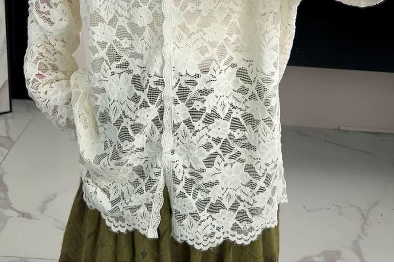 Long-Sleeve V-Neck Floral Lace Button Top Product Image