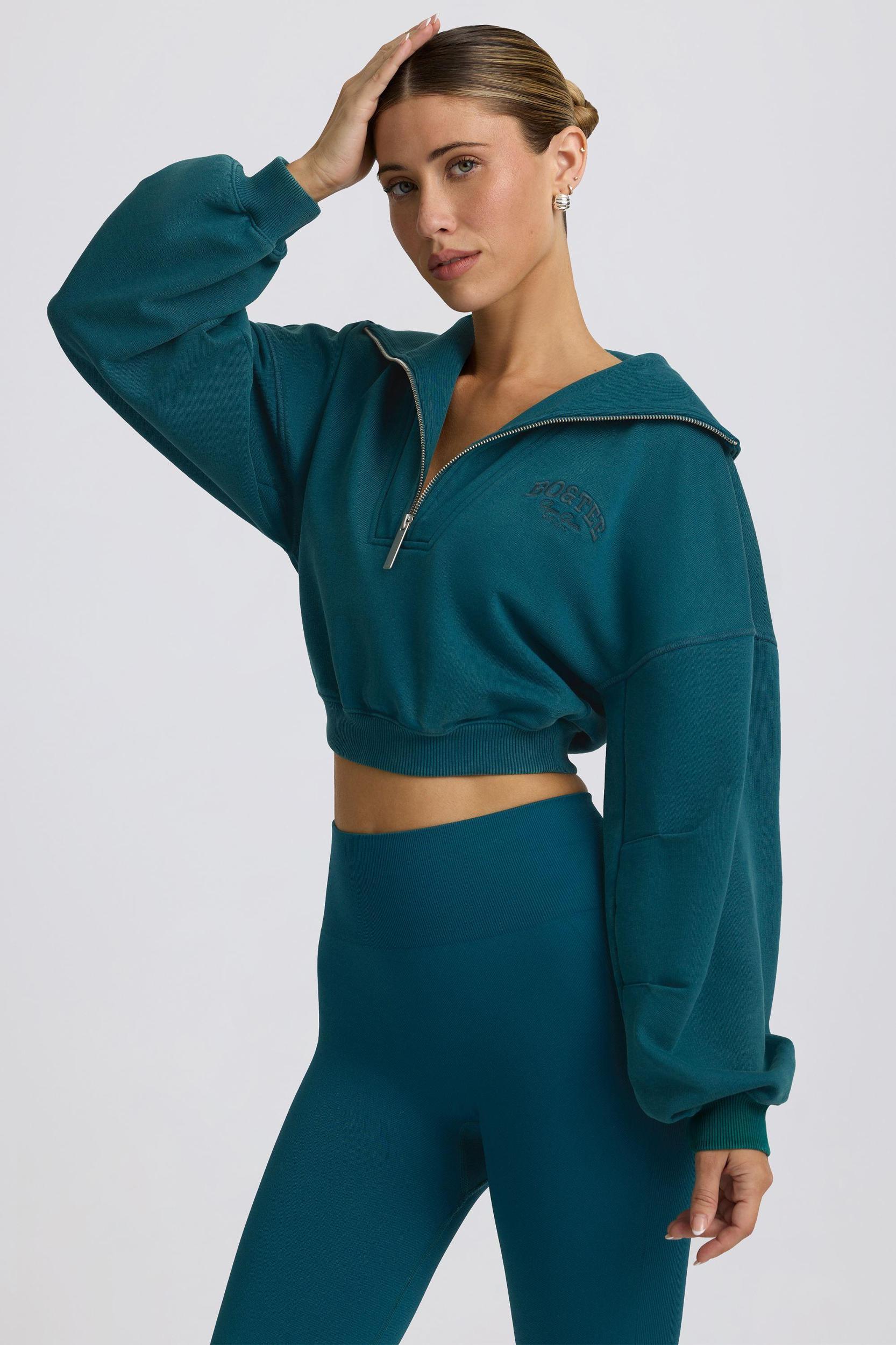 Quarter-Zip Cropped Sweatshirt in Teal Product Image