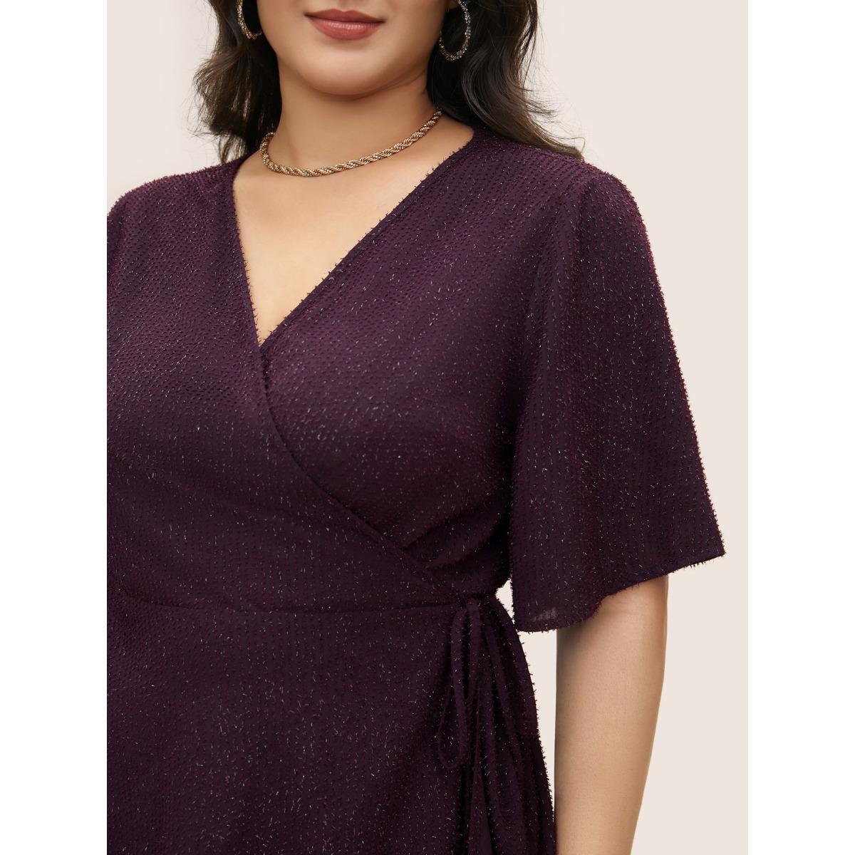 Plus Size Purple Plain Texture Wrap Ties Asymmetrical Hem Blouse Women Cocktail Short sleeve Overlap Collar Party Blouses BloomChic 22-24/3X Product Image