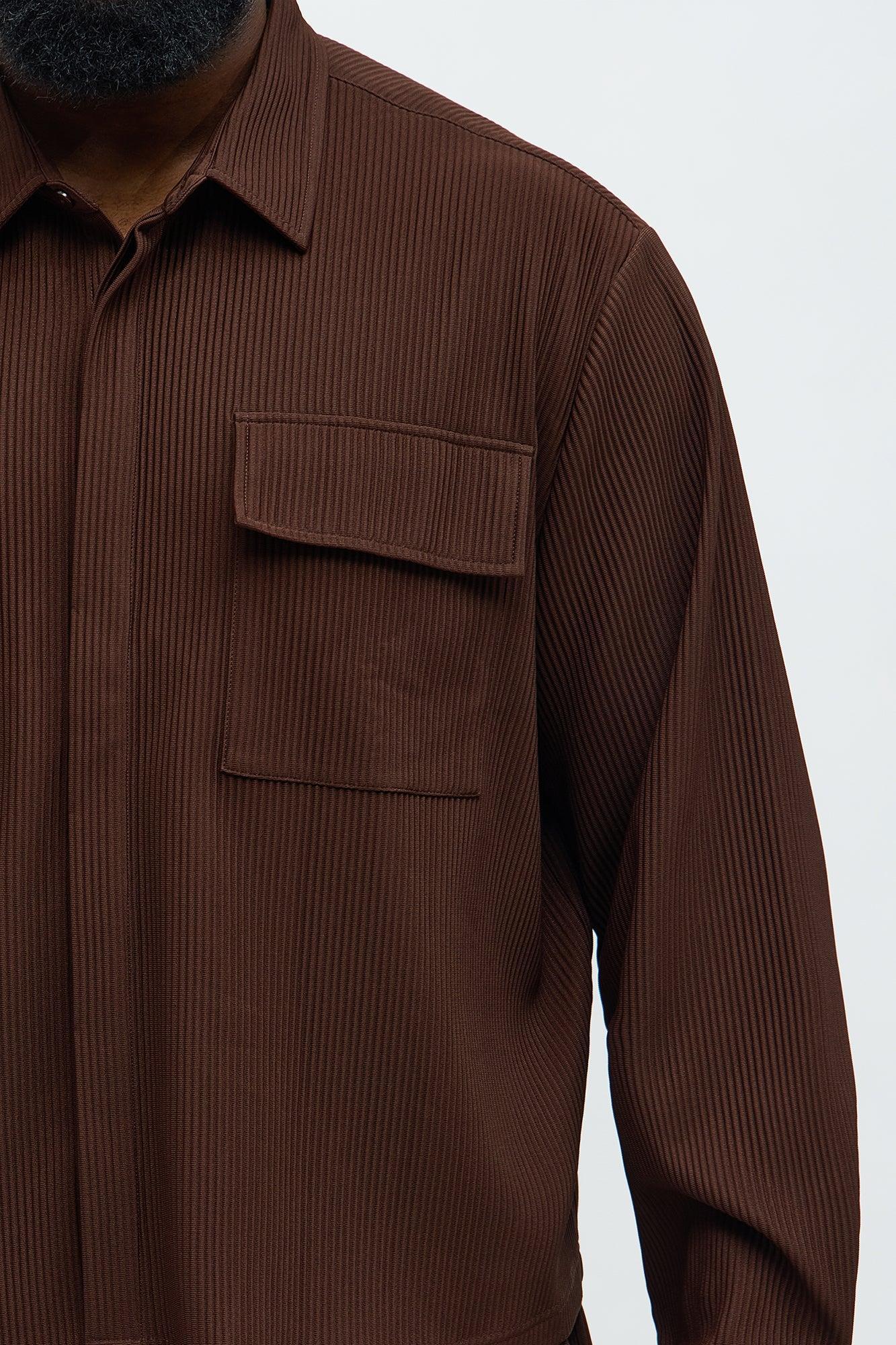 Show Up Cropped Long Sleeve Button Up Shirt - Brown Product Image