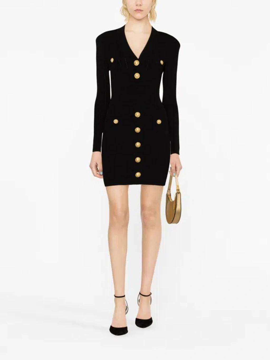 BALMAIN Mini Black Dress With Golden Buttons In Stretch Viscose Woman In Opa Noir Product Image
