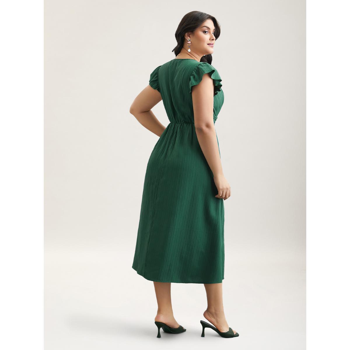 Plus Size Lace Trim Stitch Textured Waist-Defined Midi Dress Emerald Women Elegant Woven ribbon&lace trim V-neck Cap Sleeve Curvy BloomChic 12/L Product Image