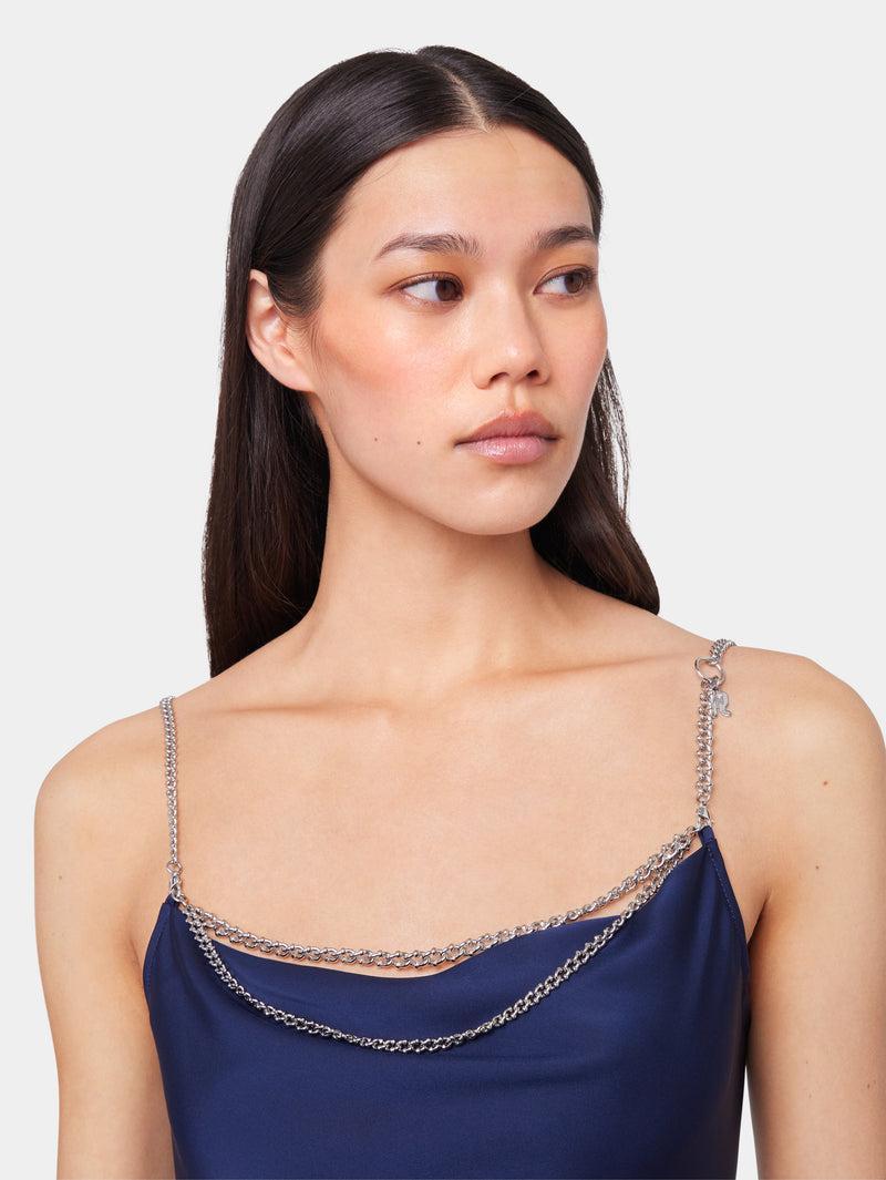 BLUE NAVY LONG SLEEVELESS DRESS IN SATIN Product Image