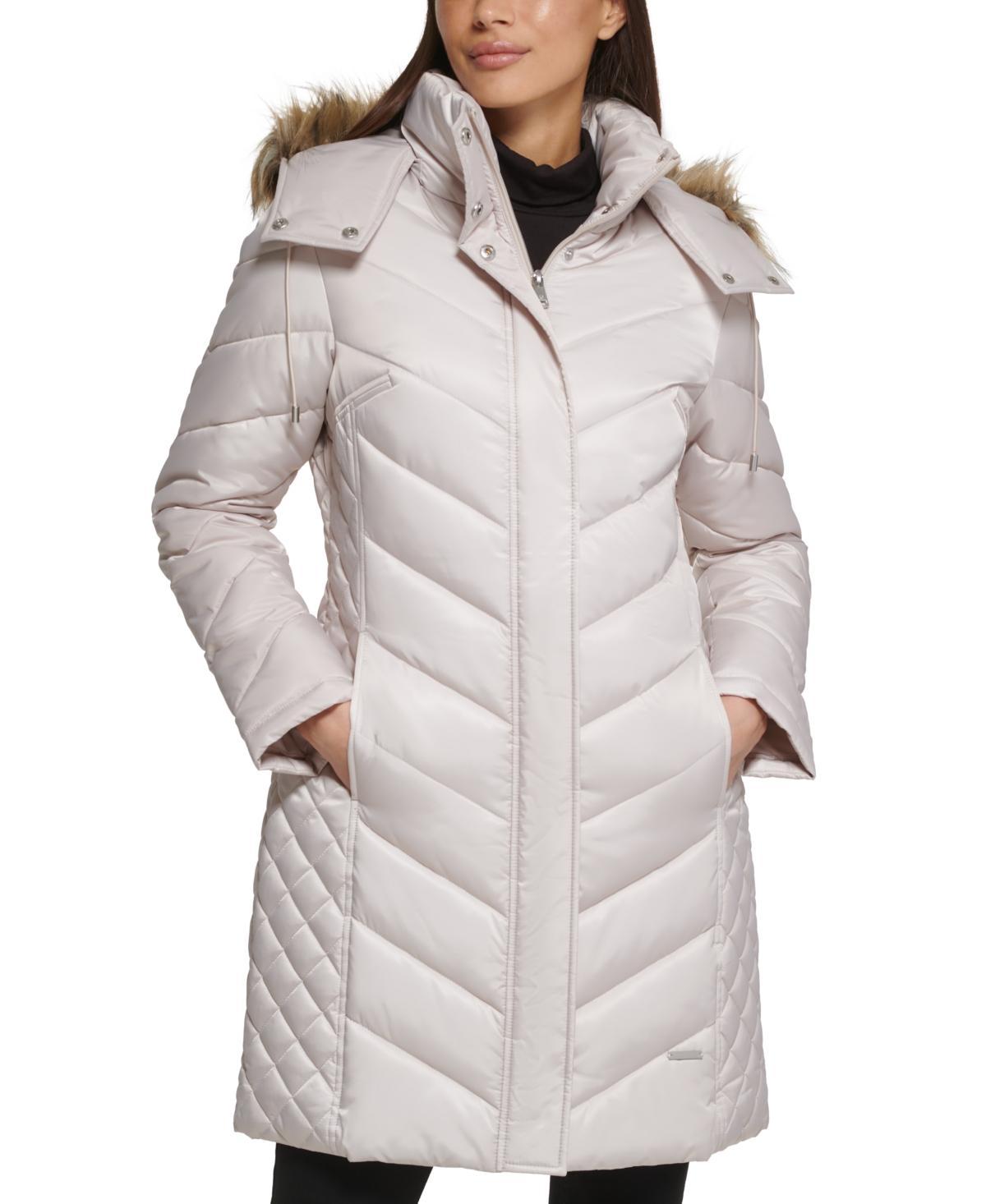 Kenneth Cole Womens Faux-Fur-Trim Hooded Puffer Coat Product Image