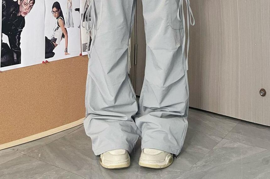 Drawstring Mid Rise Plain Baggy Cargo Pants Product Image