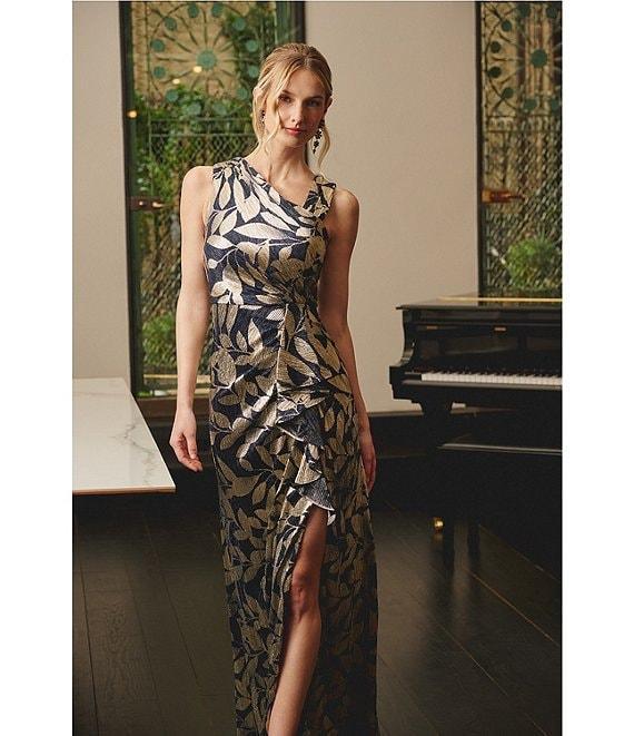 Adrianna Papell Metallic Asymmetrical Neck Sleeveless Gown Product Image