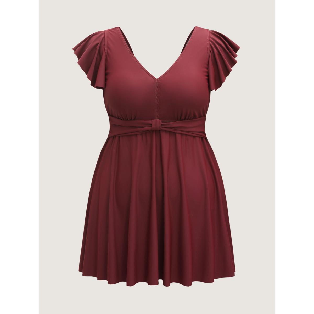 Plus Size Pleated Waist Flutter Sleeve Swim Dress Women's Swimwear Deepred Beach Bodycon V-neck High stretch Curve Swim Dresses BloomChic 22-24/3X Product Image