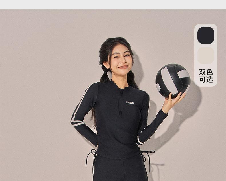 Set: Long-Sleeve Lettering Striped Rash Guard + Contrast Trim Swim Shorts Product Image