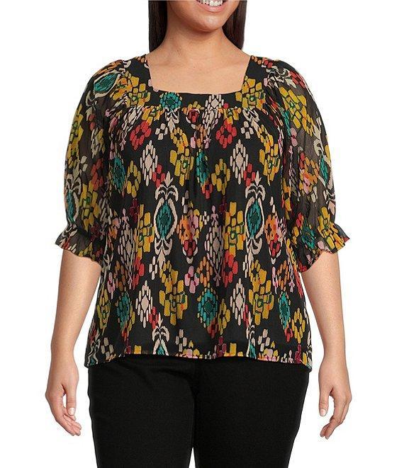 Calessa Plus Size Mesh Knit Abstract Ikat Print Square Neck Elbow Sleeve Tunic Product Image