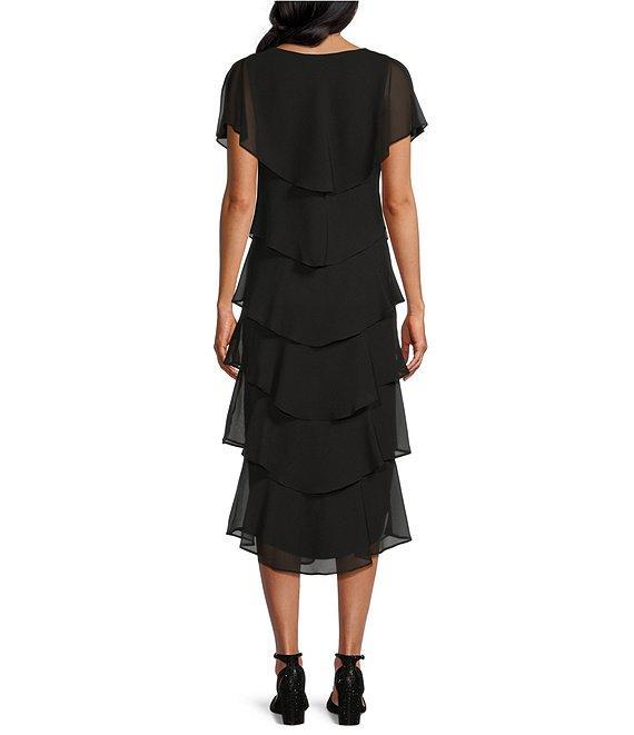 Ignite Evenings Cap Sleeve Crew Neck Beaded Trim Detail Chiffon Tiered Dress Product Image