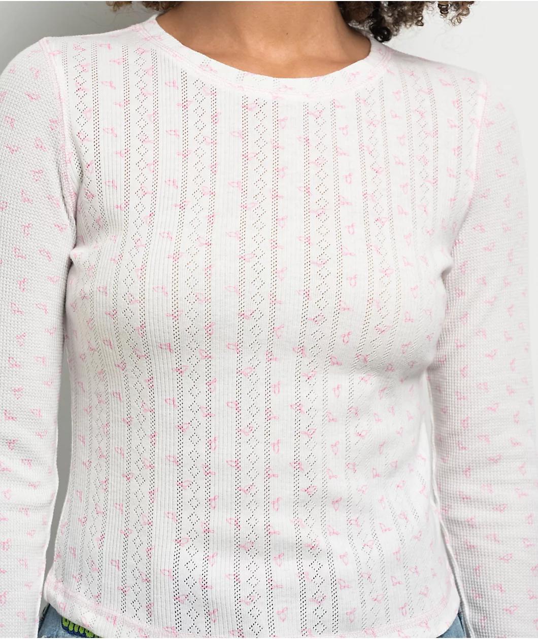 Freeworld Thea Pointelle Bow White & Pink Crop Thermal Long Sleeve T-Shirt Product Image
