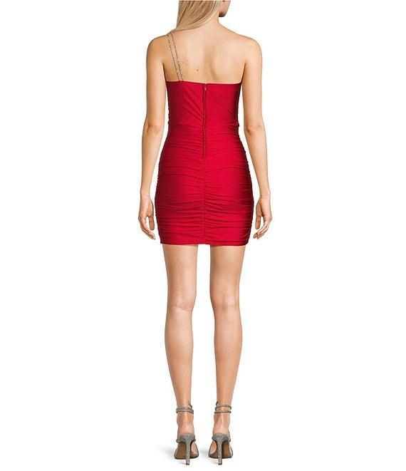 Midnight Doll One-Shoulder Rhinestone Strap Ruched Bodycon Dress Product Image