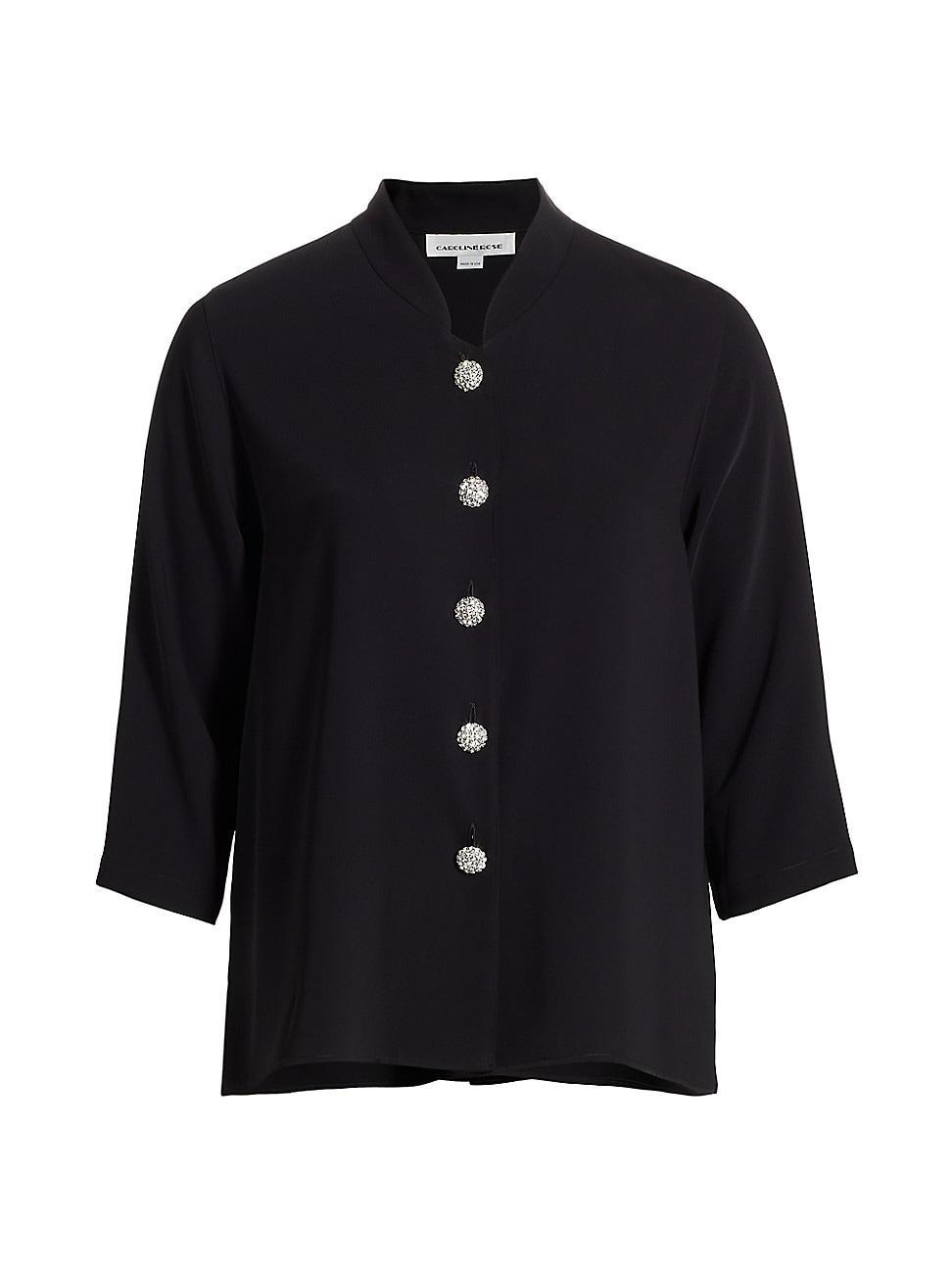 Caroline Rose Plus Size Matte Crepe Mandarin Collar 34 Sleeve Black Rhinestone Button Statement Jacket Product Image