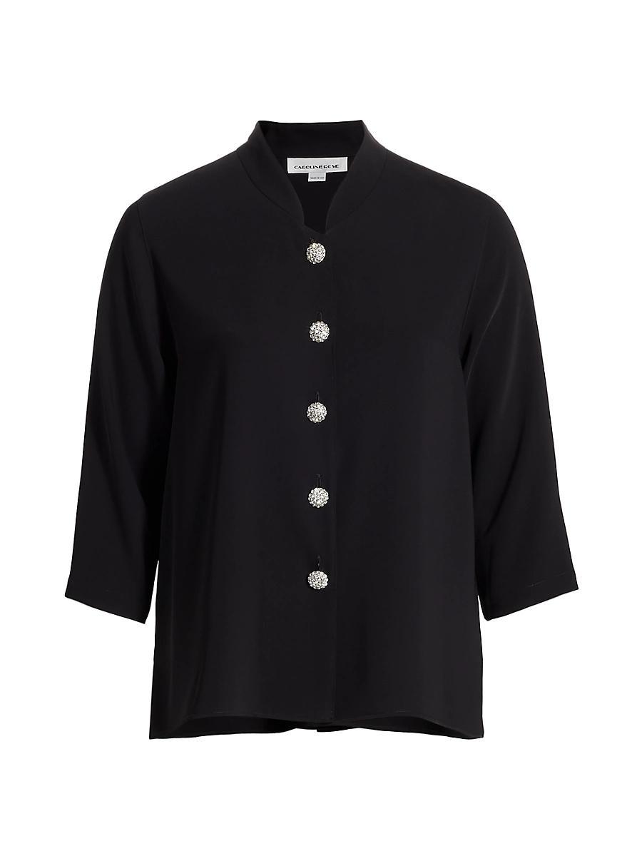 Caroline Rose Plus Size Matte Crepe Mandarin Collar 34 Sleeve Black Rhinestone Button Statement Jacket Product Image