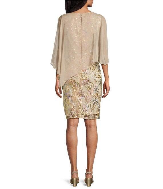 Ignite Evenings V-Neck Embroidered Sequin Chiffon Overlay Sheath Dress Product Image