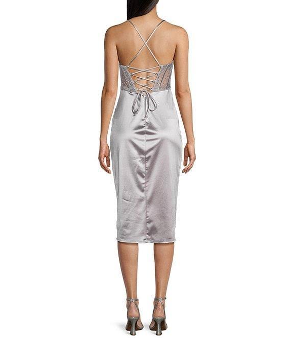 B. Darlin Sweetheart Drape Neck Rhinestone Illusion Midi Dress Product Image