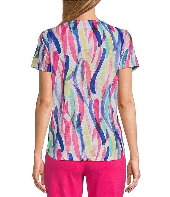 Allison Daley Embellished Fun Stripe Print Short Sleeve Keyhole Neck Knit Top Product Image
