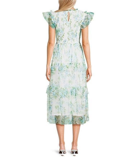 Blu Pepper Floral Print Mesh Round Neck Short Sleeve Smocked Midi Dress Product Image