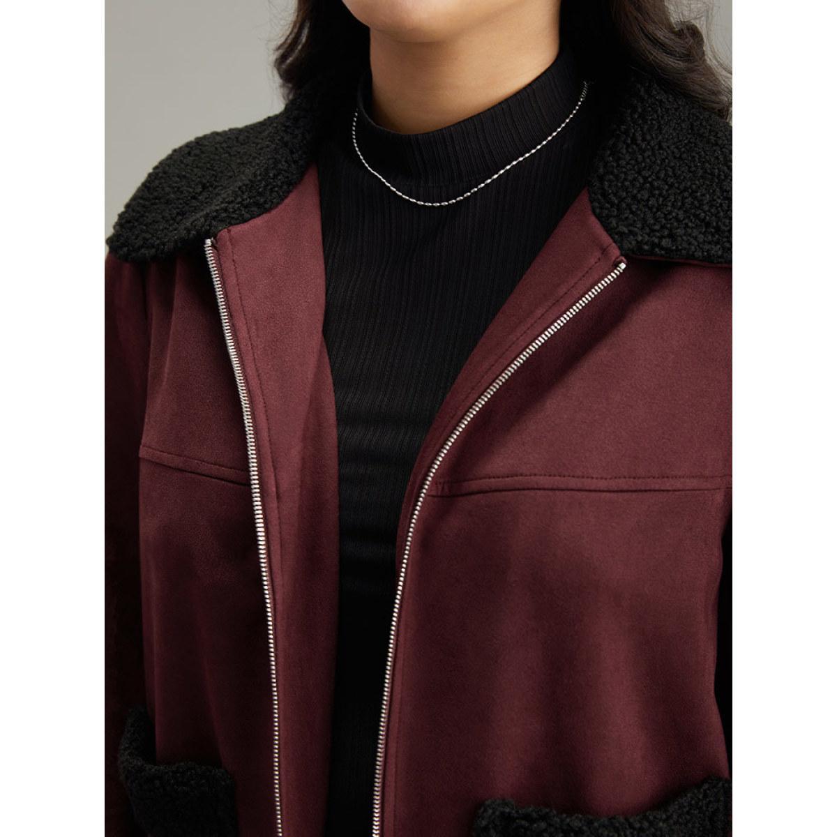 Plus Size Fuzzy Trim Patched Pocket Zipper Jacket Women Burgundy Contrast Pocket Dailywear Jackets BloomChic 22-24/3X Product Image