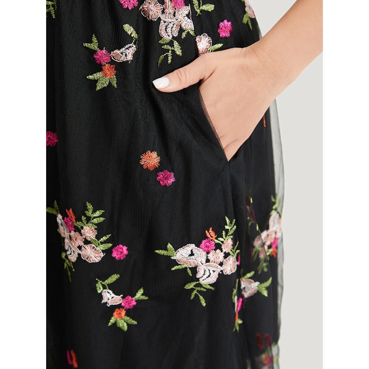 Plus Size Floral Embroidered Cold Shoulder Mesh Cami Dress Black Women Glamour Lined Spaghetti Strap Short sleeve Curvy Knee Dress BloomChic 26/4X Product Image