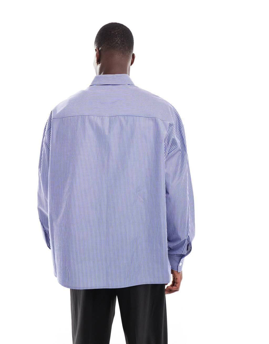 ASOS DESIGN oversized square collar shirt with pocket in blue stripe Product Image