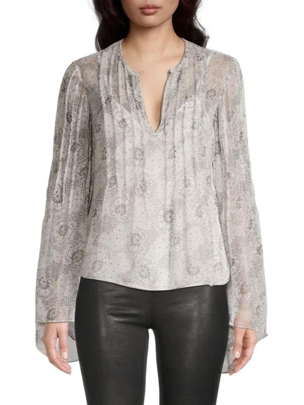 REBECCA TAYLOR Women's Forget Me Not Silk Pintuck Blouse In Ivory Combo Product Image