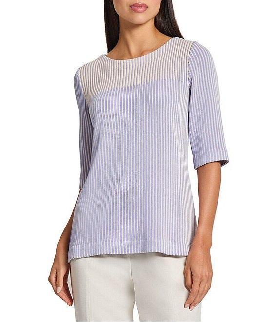 MISOOK Stripe Knit Round Neck Elbow Sleeve Tunic Product Image