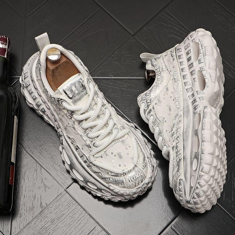 Platform Sequin Distressed Lace-Up Sneakers Product Image