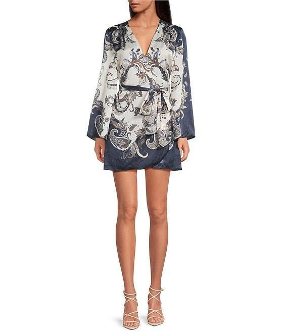 Gianni Bini Jenni Paisley Printed Satin V-Neck Long Sleeve Mini Wrap Dress Product Image